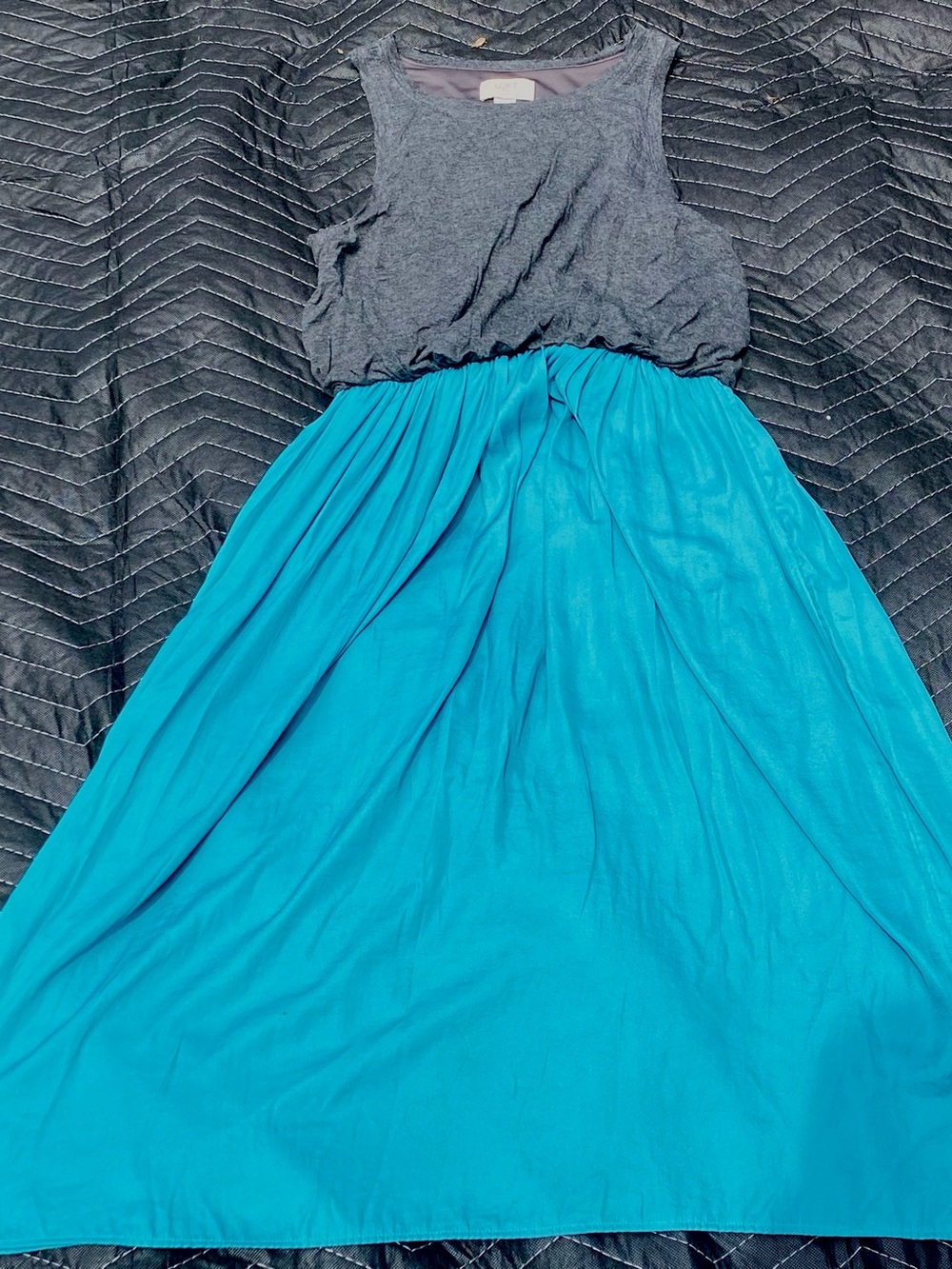 LOFT Two-Tone Sleeveless Midi Dress in Gray and Teal